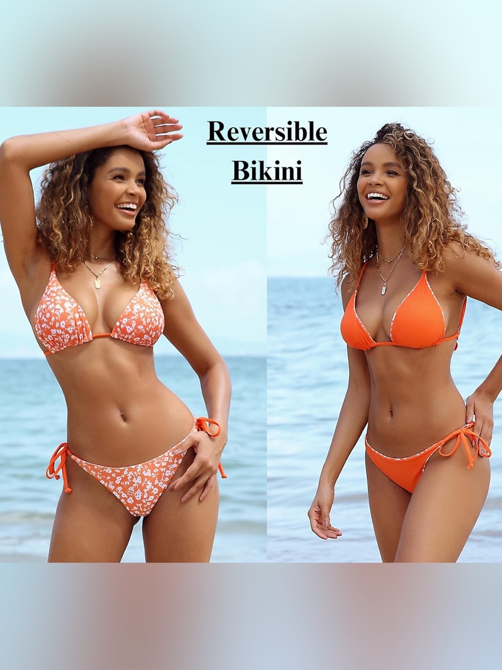 Zaful Reversible Orange Floral & Solid Triangle Bikini size L NWT
